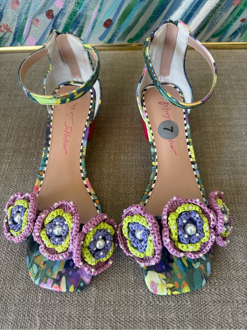 Betsey Johnson Multicolor Floral Crochet-Pearl Ankle-Strap Heels - Picture 1 of 7